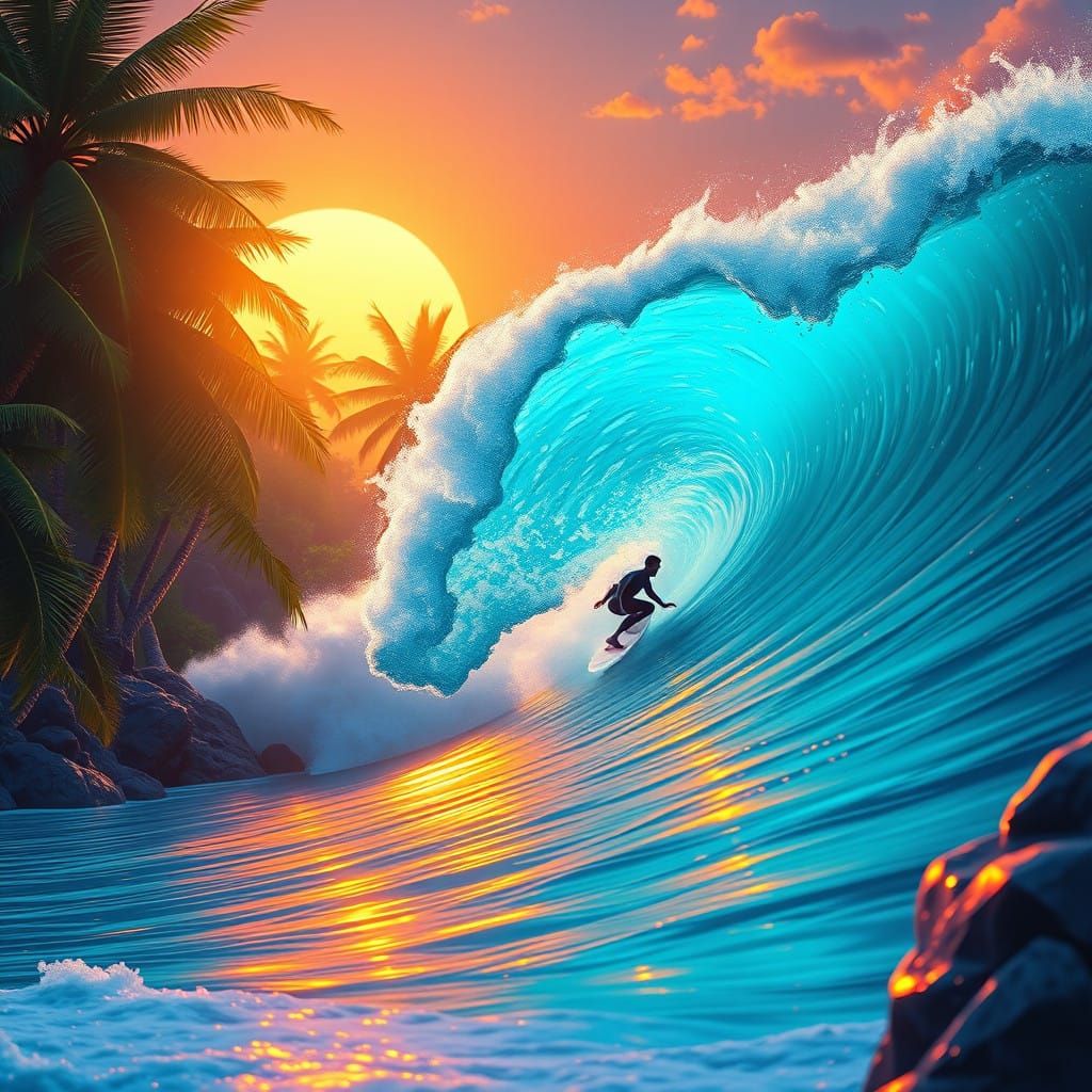 Lone Surfer Rides Turquoise Wave in Vibrant, Fantastical Lan...