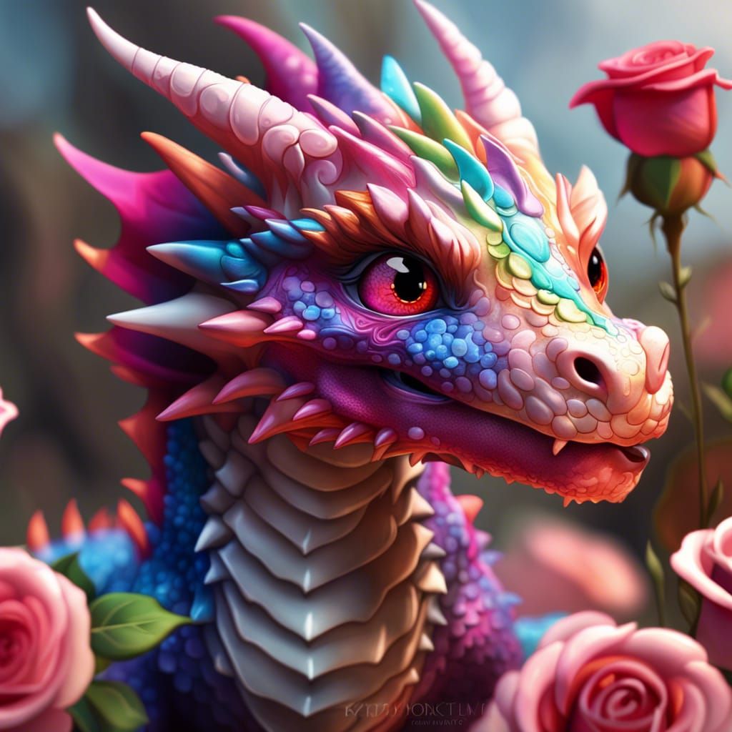 Adorable Multichromatic Dragon Portrait, Anime CGI Style