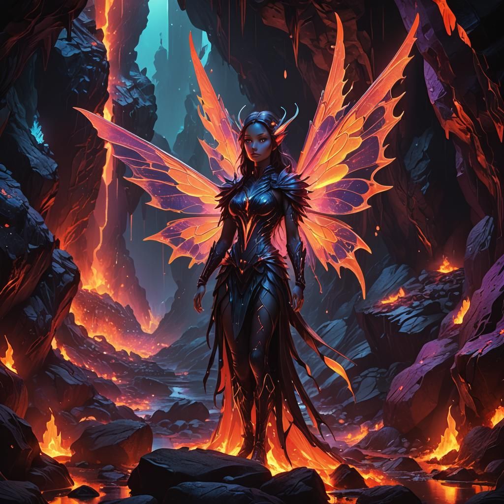 Radiant Lava Fairy in Neon Cave: Digital Art