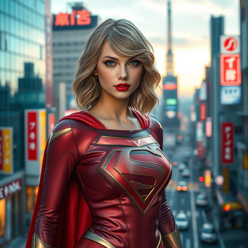 Supergirl, standing heroically in the heart of Tokyo city.