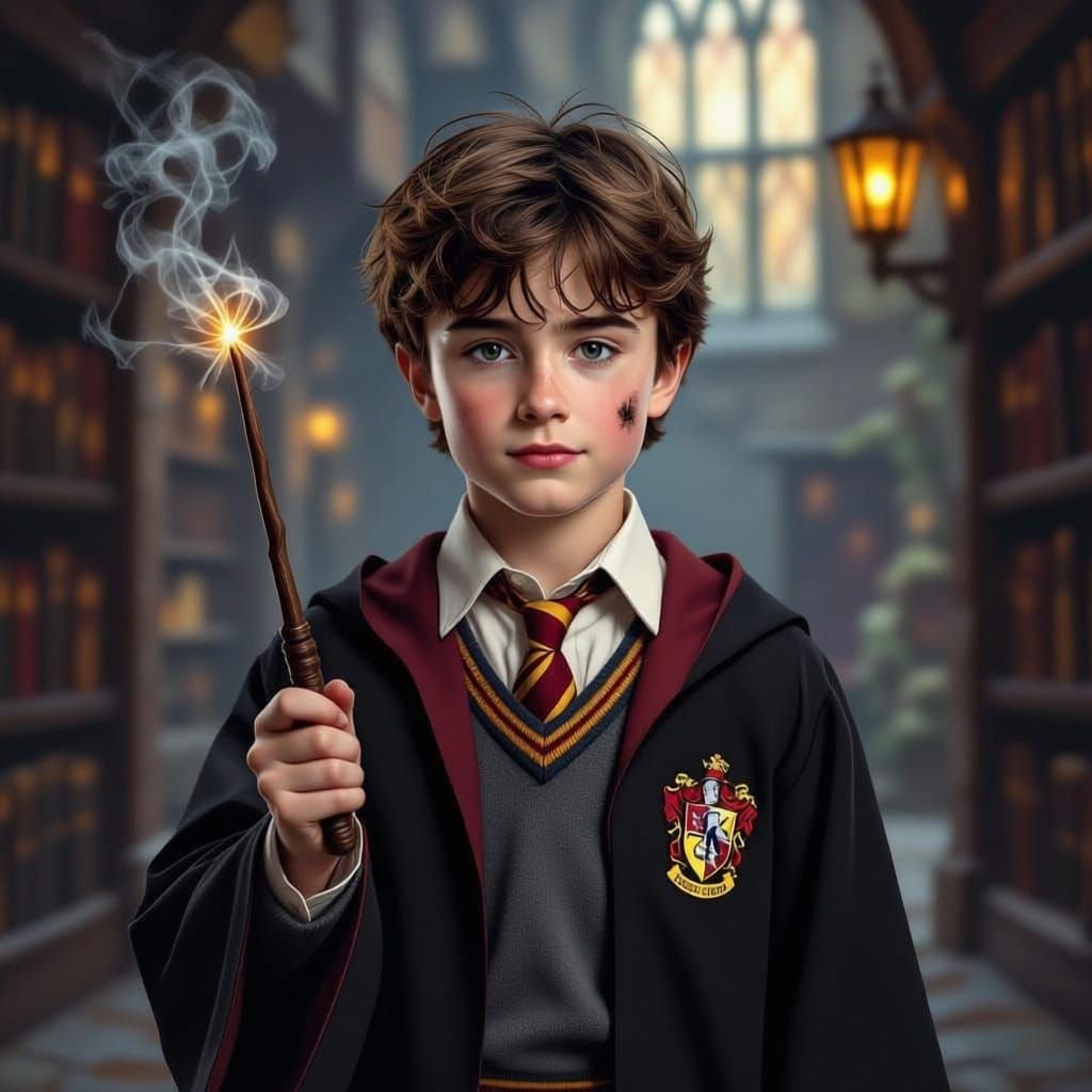 Boy Wizard with Wand in Gryffindor Uniform