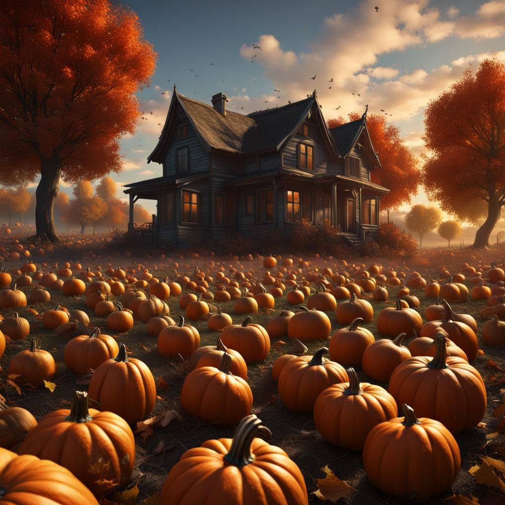 Realistic Pumpkin Field under Autumn Sky