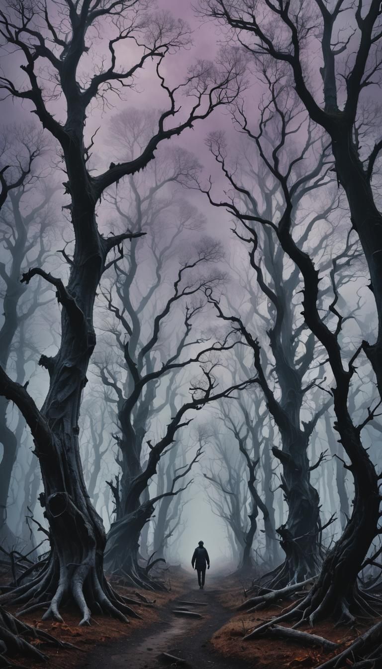 Eerie Forest of Dead Trees in Misty Light