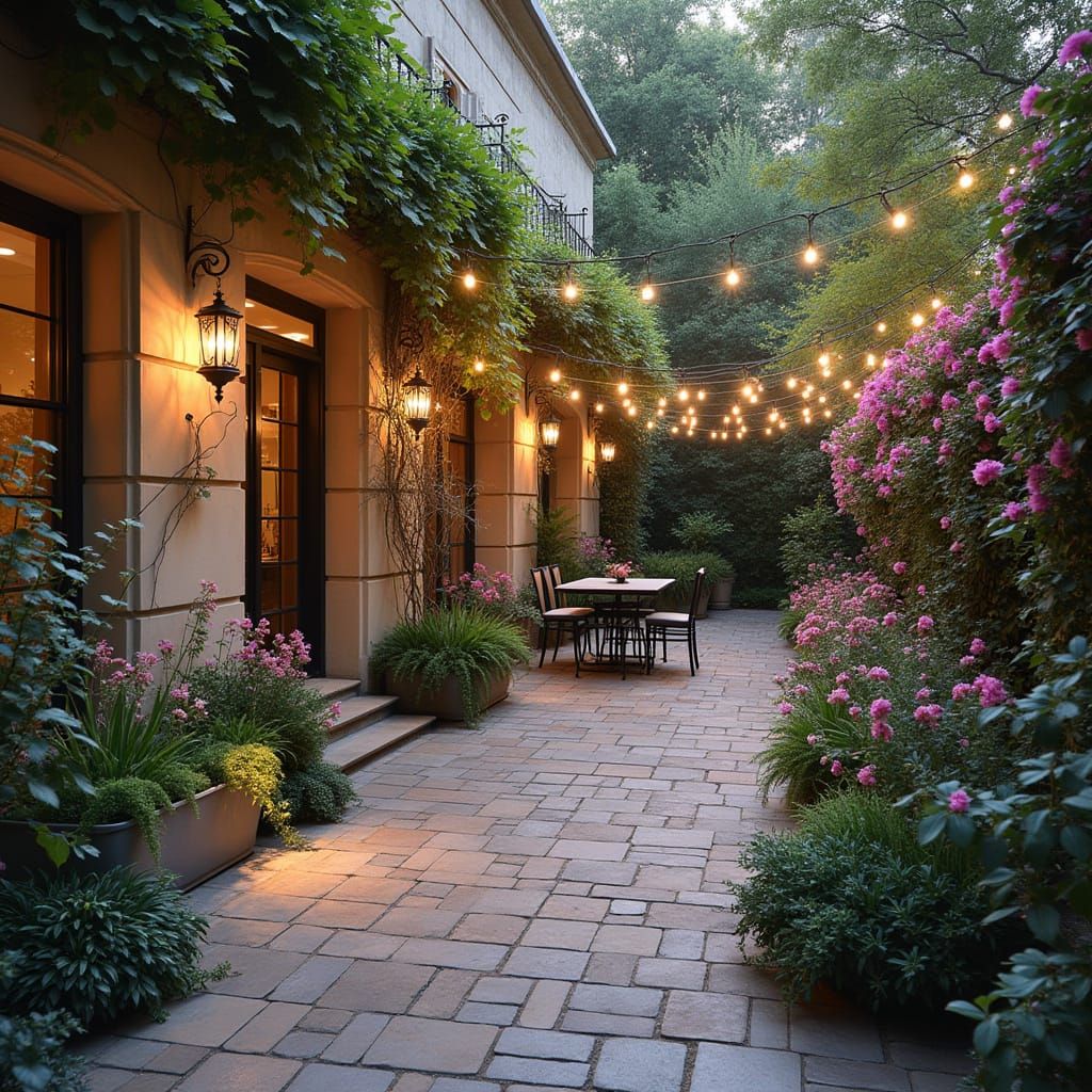 Serene French Patio with Fuchsia and Ambient Lighting