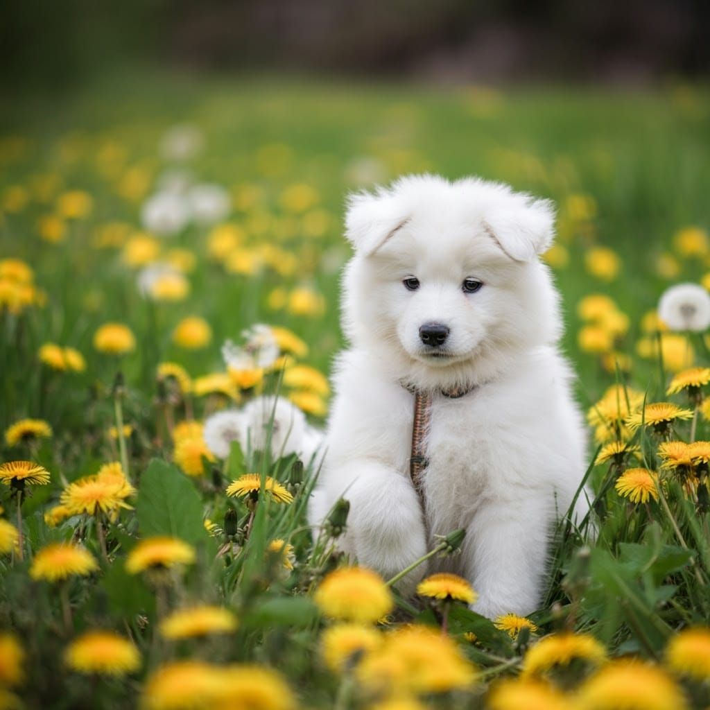 Samoyed puppy playing in a field of dandelions