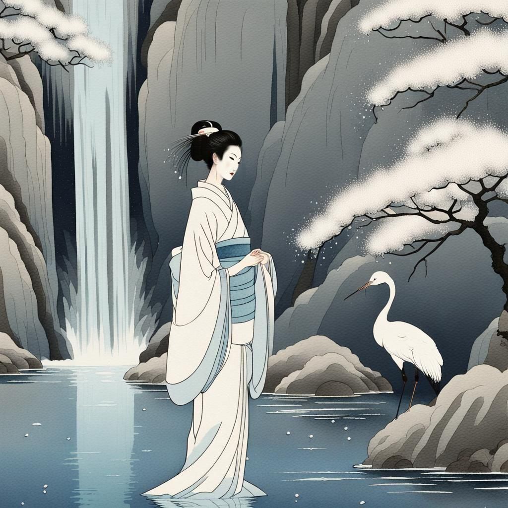 Geisha and White Crane in Ukiyo-e Dreamscape