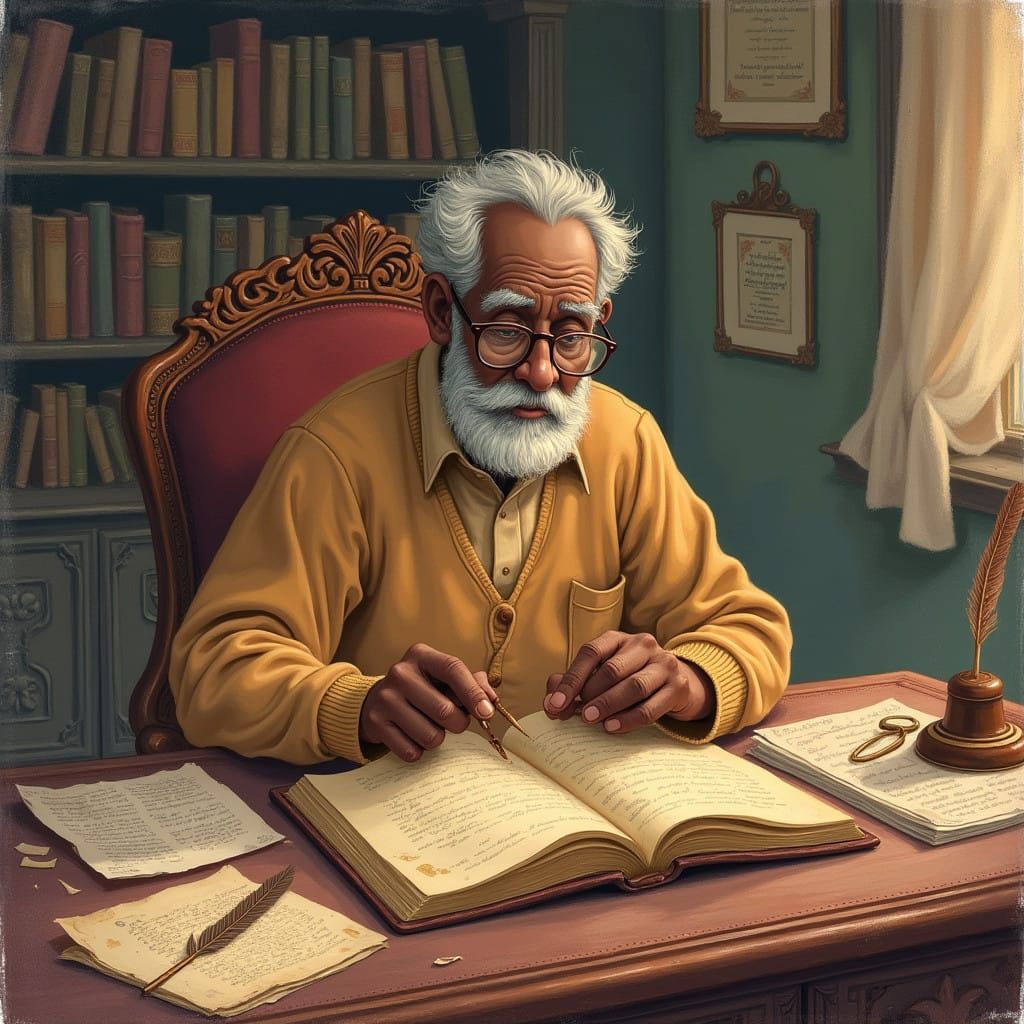 Elderly Gentleman Studies Antique Desk with Leather-Bound To...