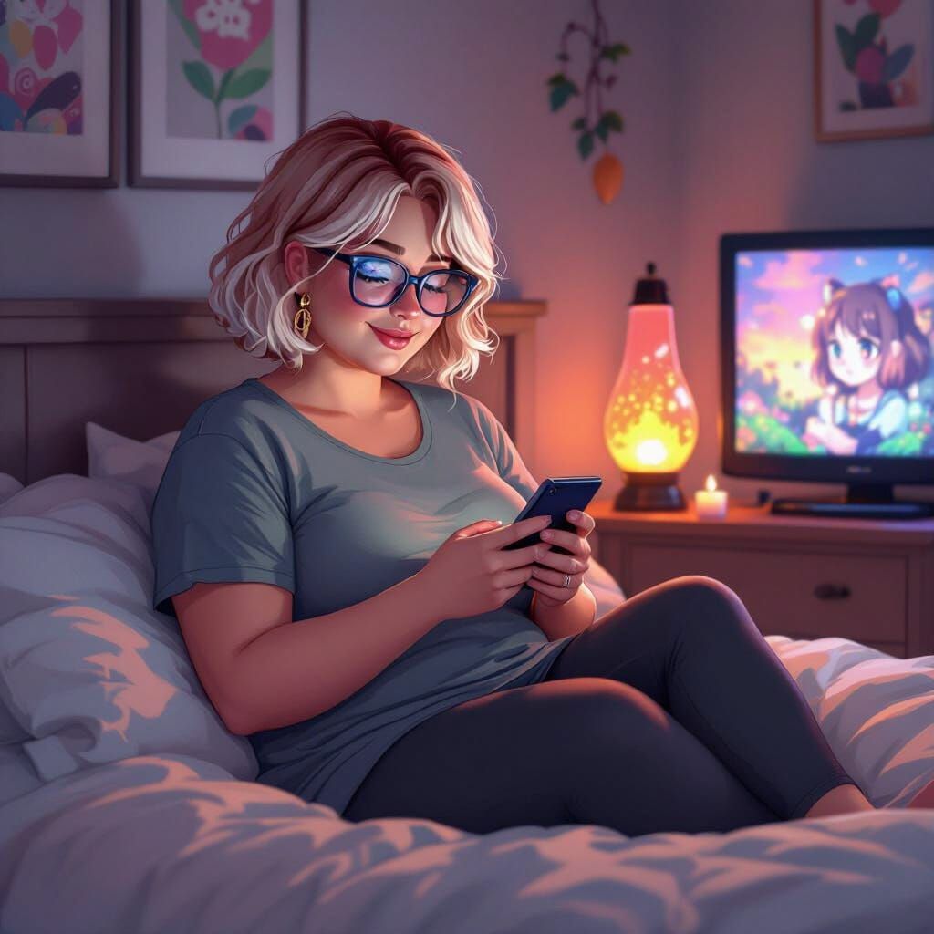 Woman Watching Anime on Bed in Colorful Room