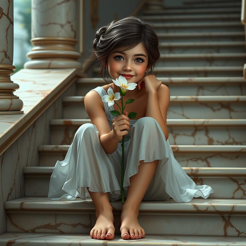 "Young girl sitting on the steps of a marble staircase with ...