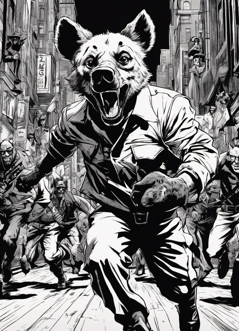 Hyena on the Run in Film Noir Comic Style