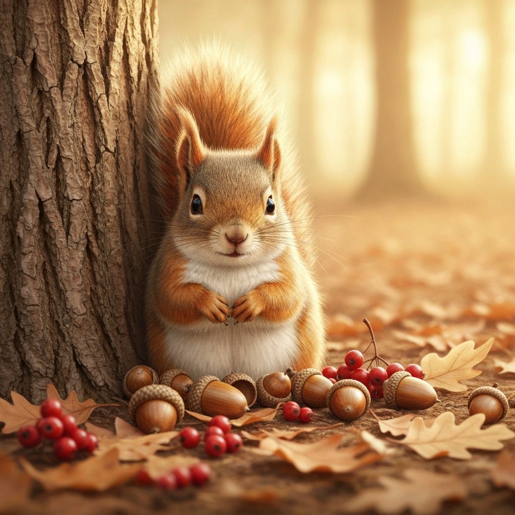 Cozy Squirrel in Forest, Storybook Illustration