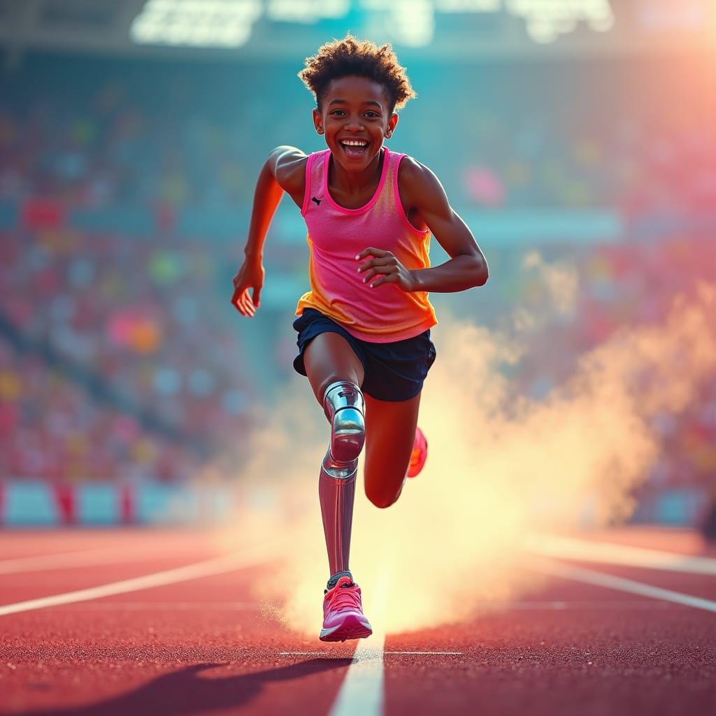 Athlete's Triumphant Sprint with Glowing Prosthetic Leg