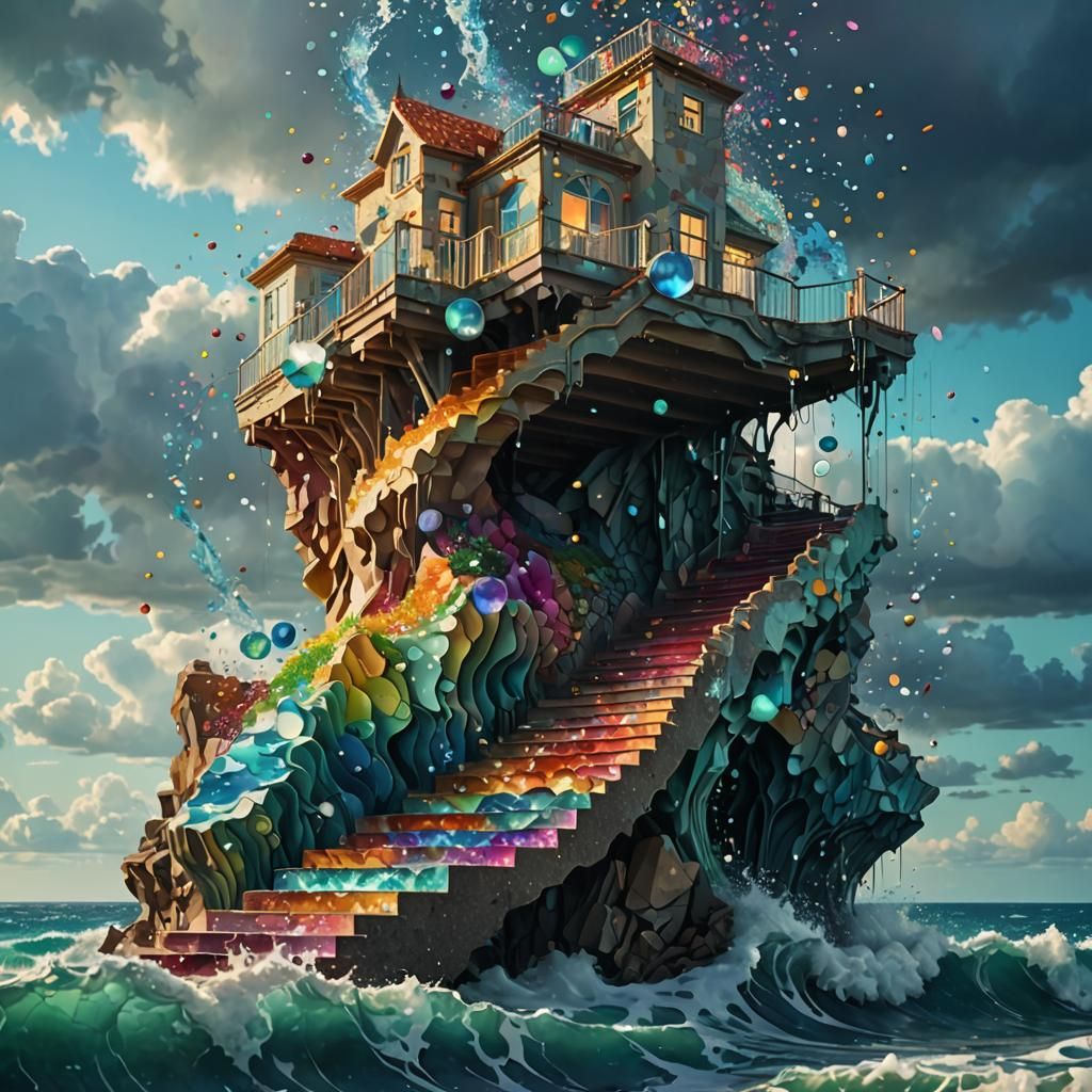 Surreal Ocean Staircase to Infinity: Digital Art