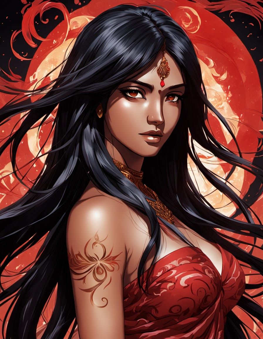 Anime Indian Woman with Swirling Hair in Vibrant Colors