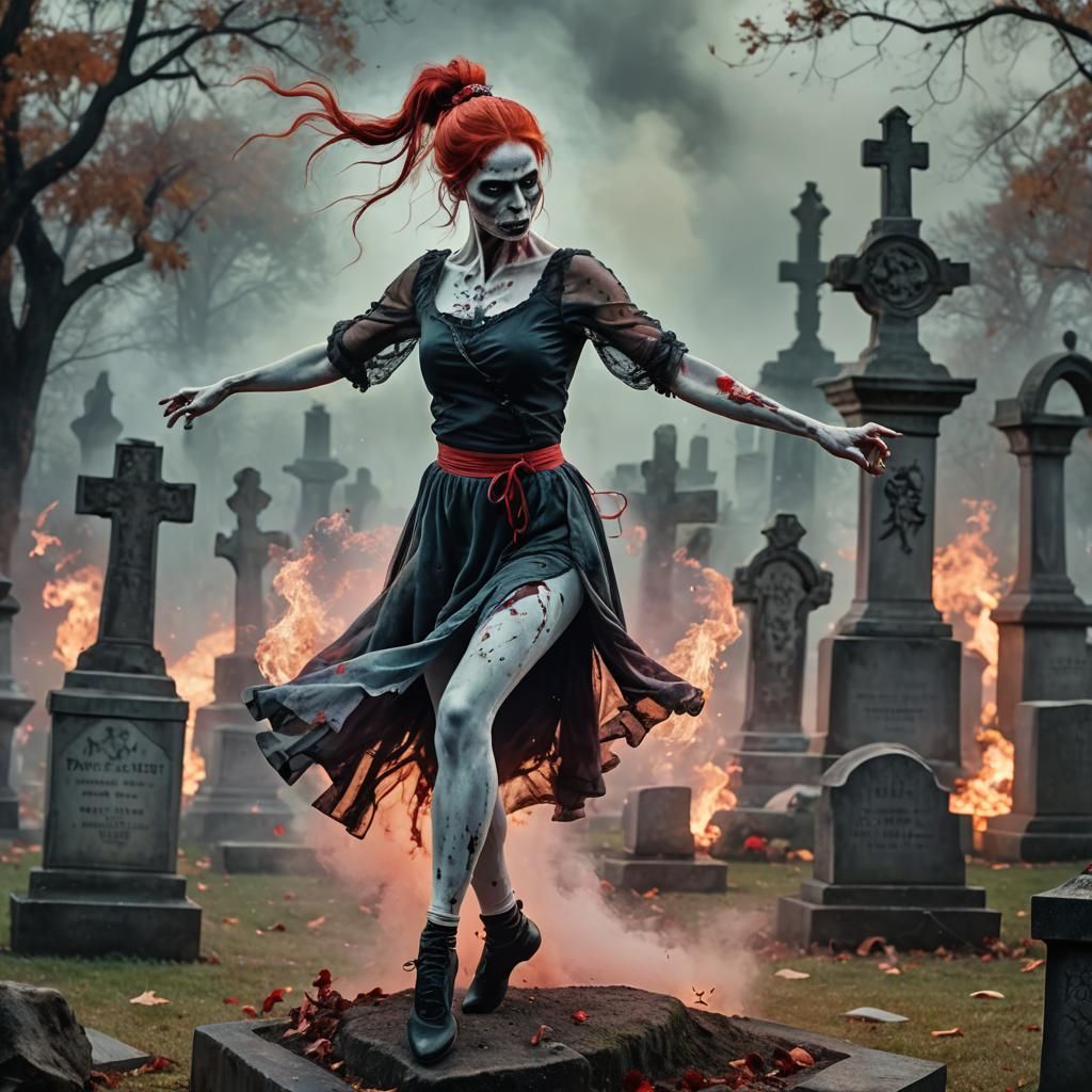 Zombie Ballet Dancer in Graveyard, Dreamlike Lighting