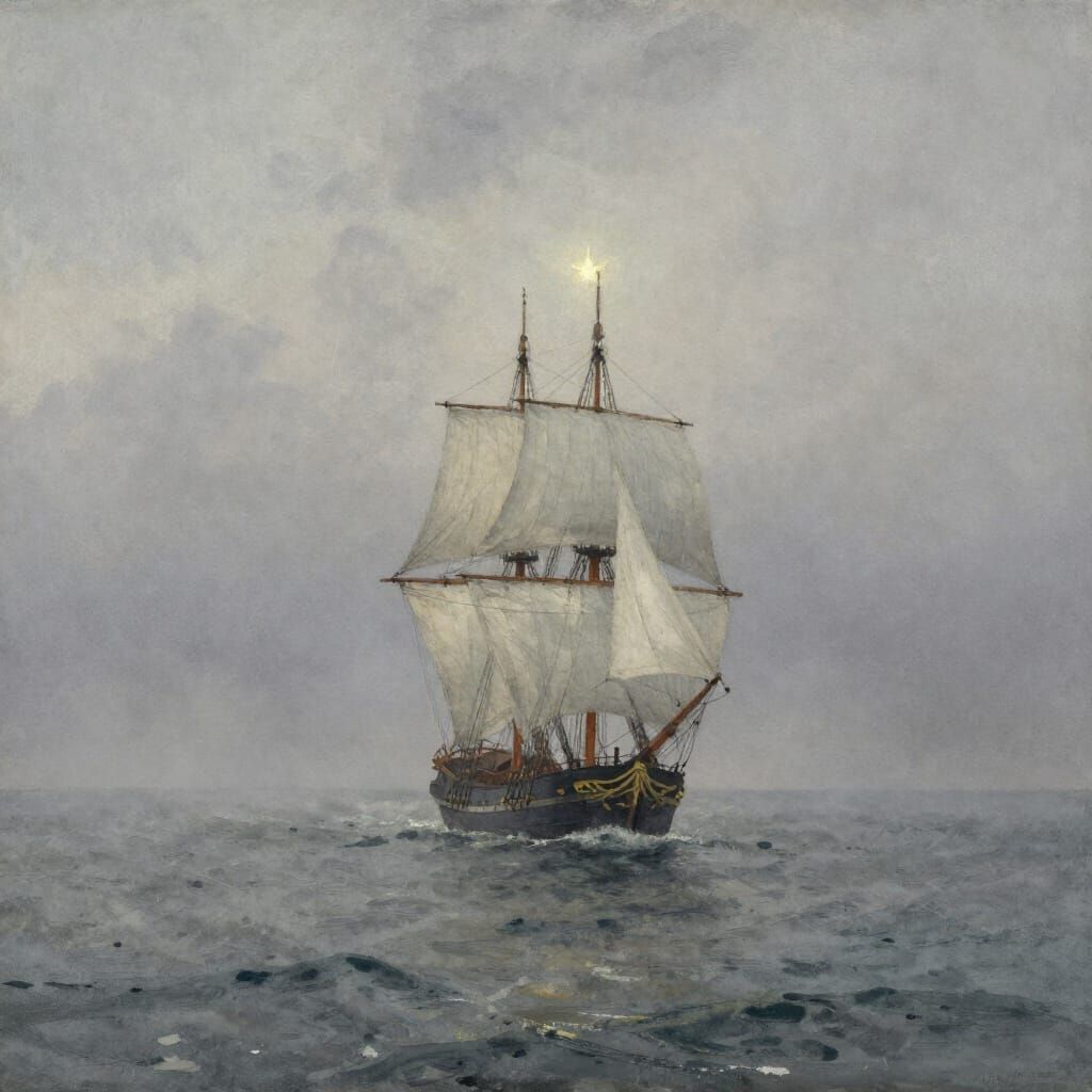 Lone Tall Ship Guided by Star on Misty Sea