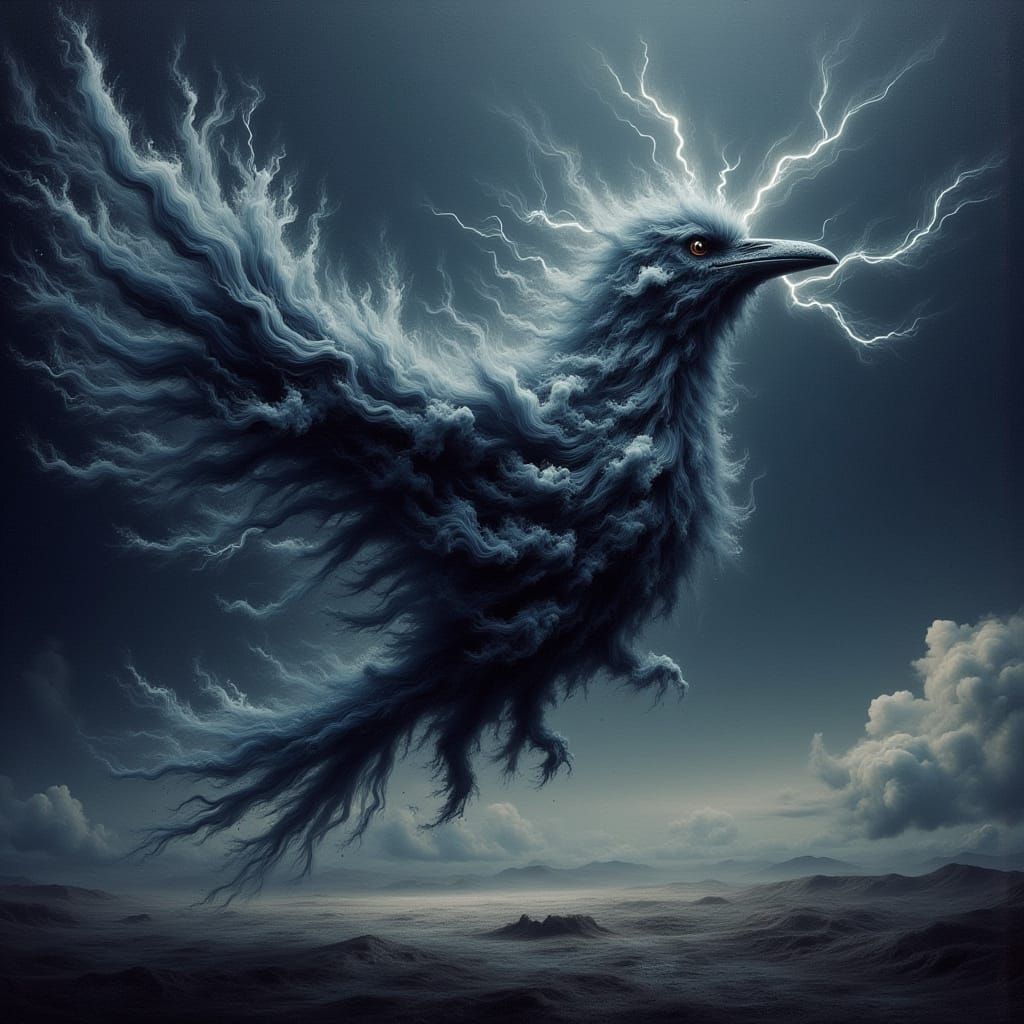 Surrealist Raven Formed From Stormcloud Oil Painting