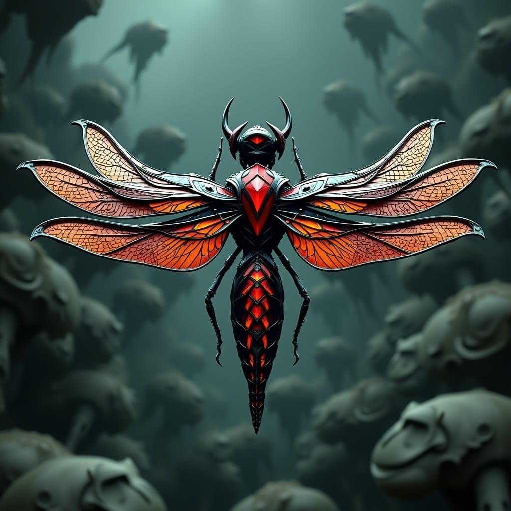 Detailed Metal Dragonfly Art Piece in Dark Steel