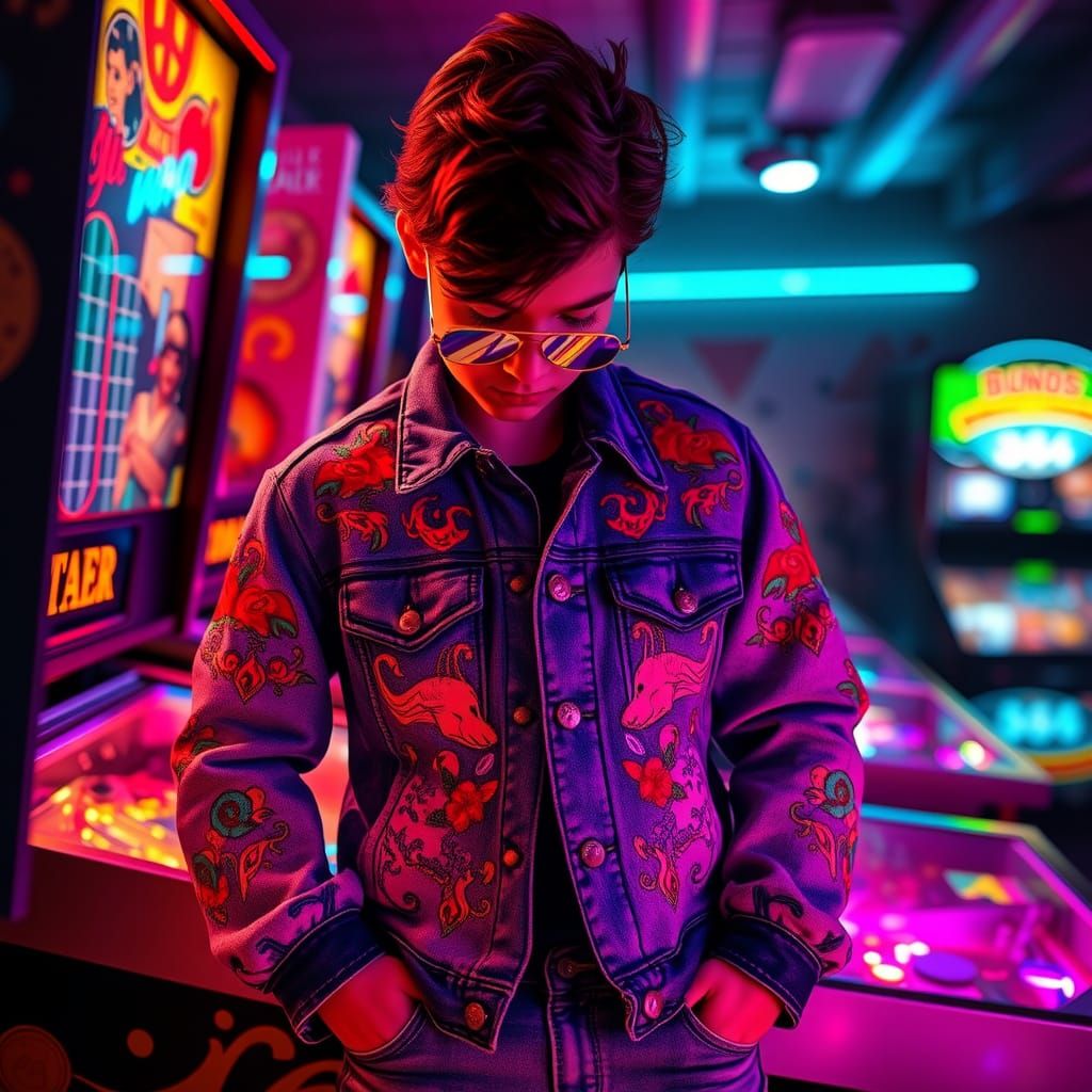 Pinball Wizard in Denim Jacket, Photorealistic 8K