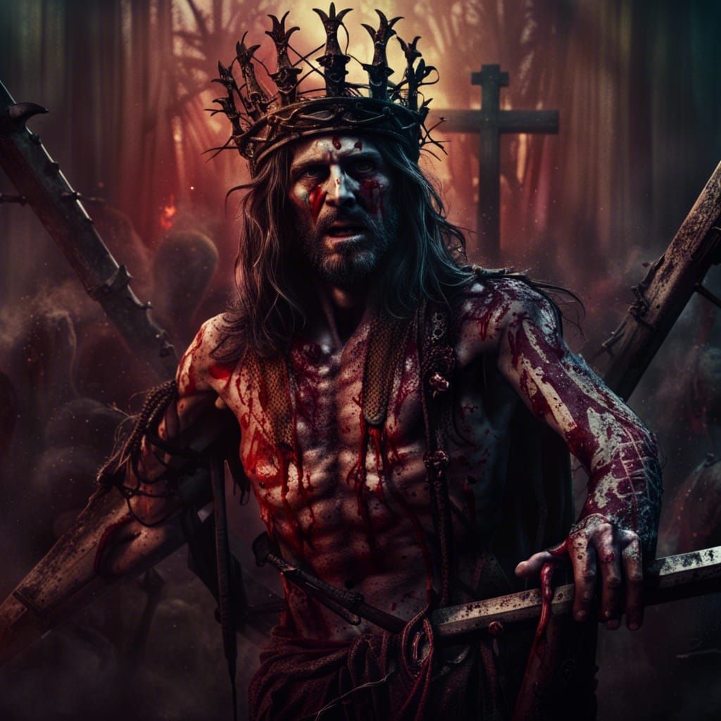 Demonic Christ on Cross with Zombie Roman Soldiers