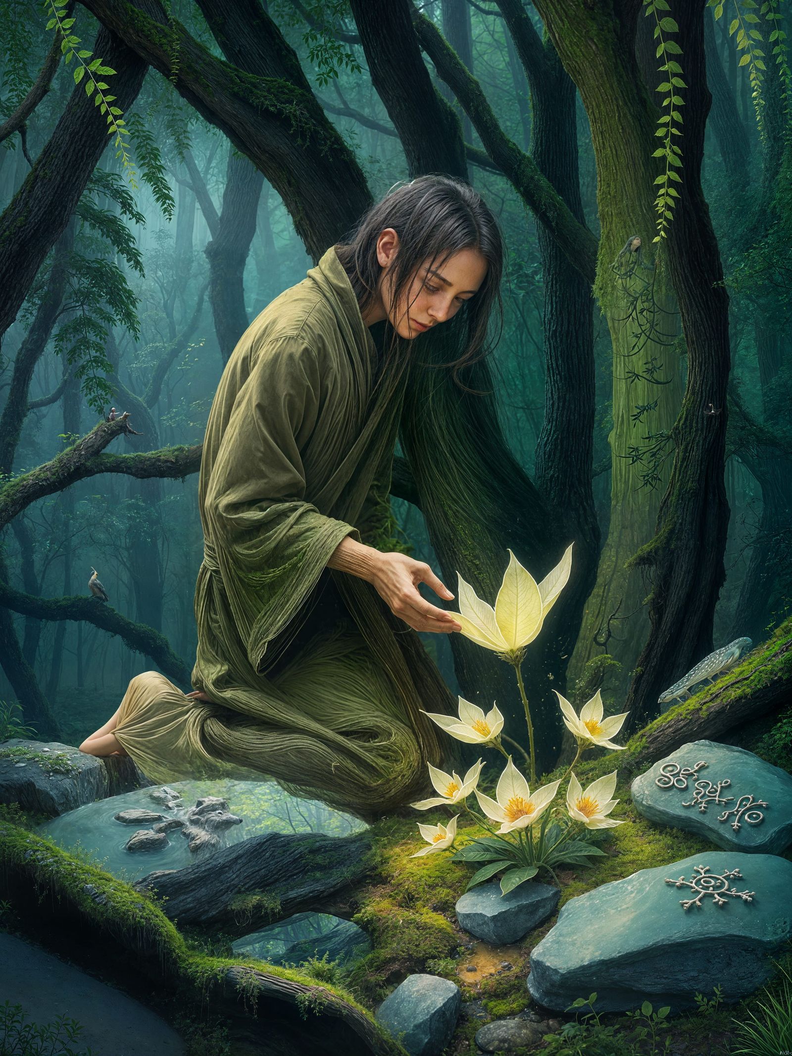 Ethereal Herbalist in Bioluminescent Grove: Watercolor Impas...