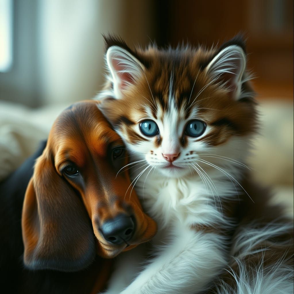 Siberian Kitten and Basset Hound Puppy Portrait