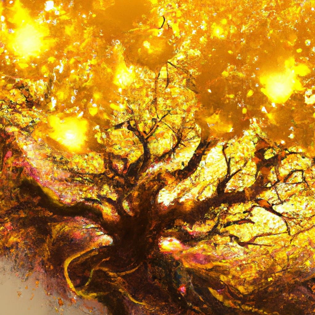 Golden Nebula Cherry Blossom Tree: Digital Art