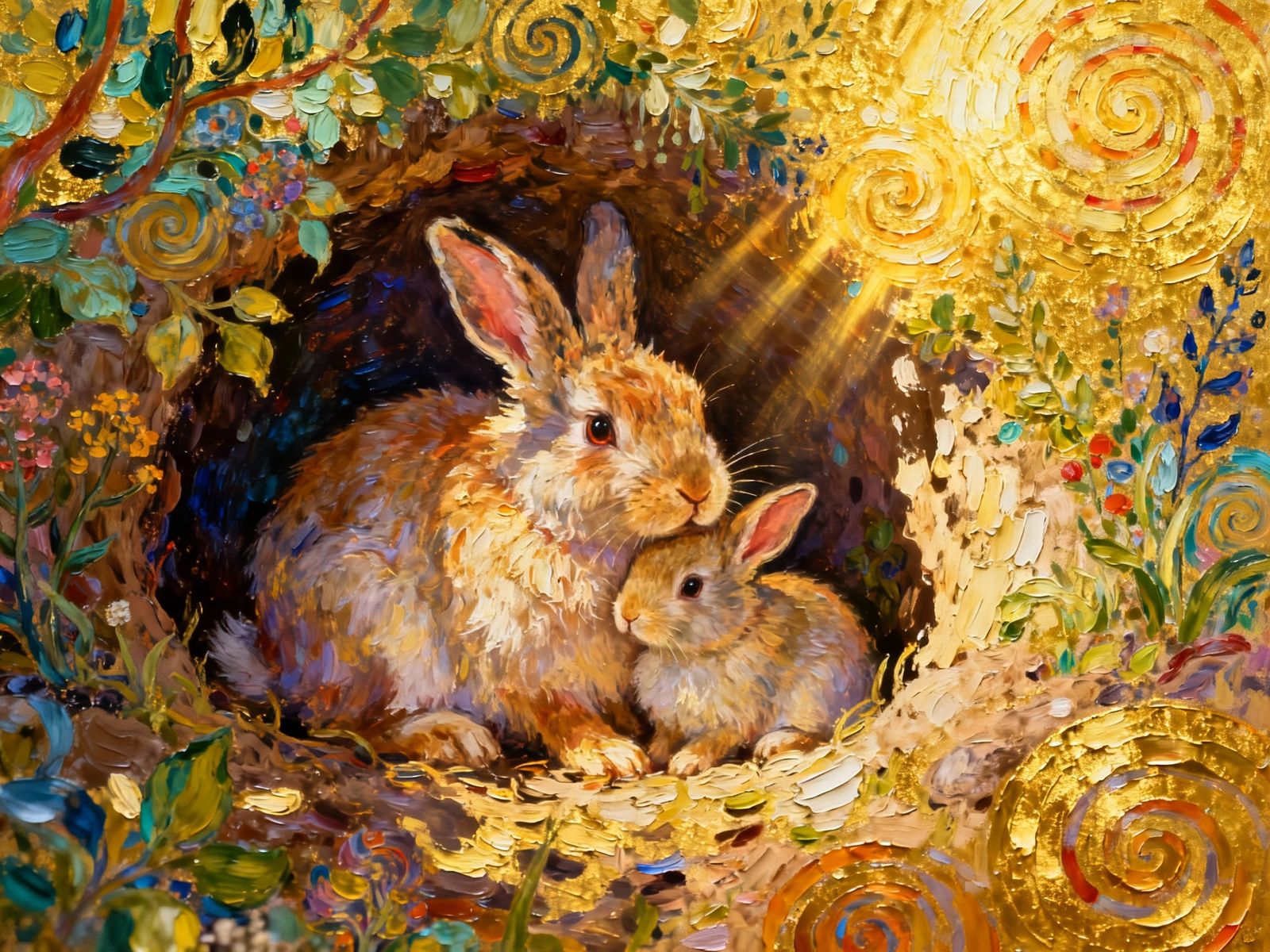 Mother Rabbit and Baby Cuddled in Cozy Burrow