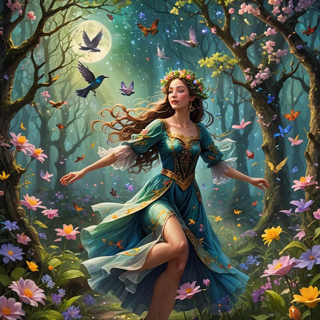 Enchanted Forest: Spring Flowers, Mystical Sky, Dancing Woma...