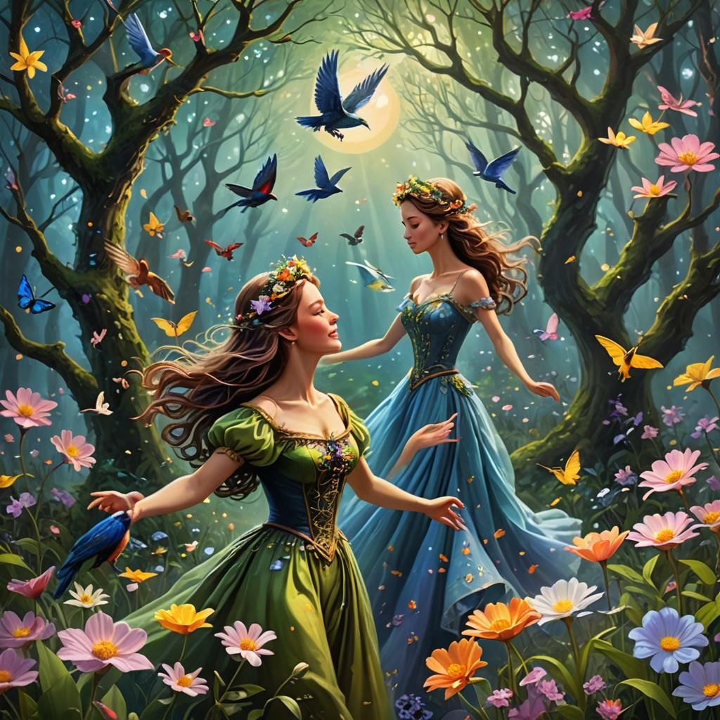 Enchanted Forest Scene with Dancing Woman