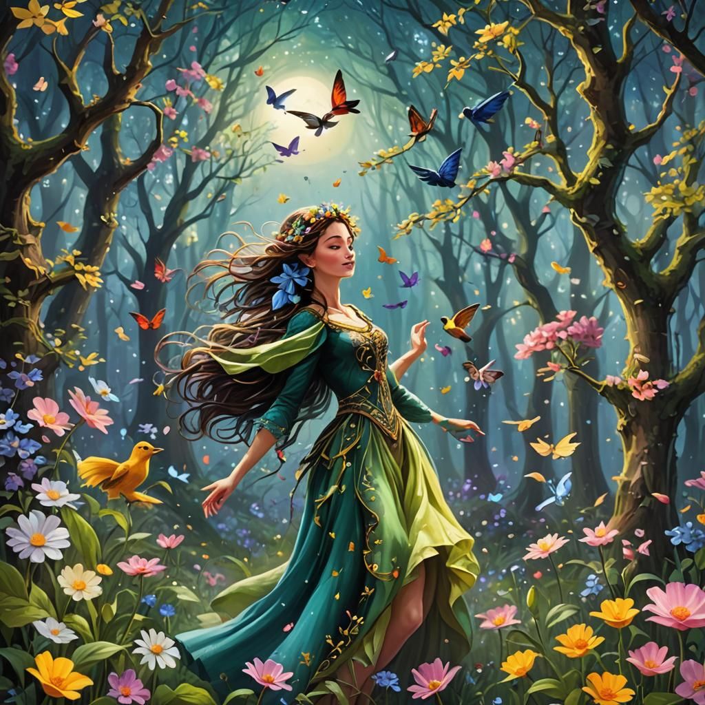 Enchanted Forest: Woman Dancing Under Mystical Sky