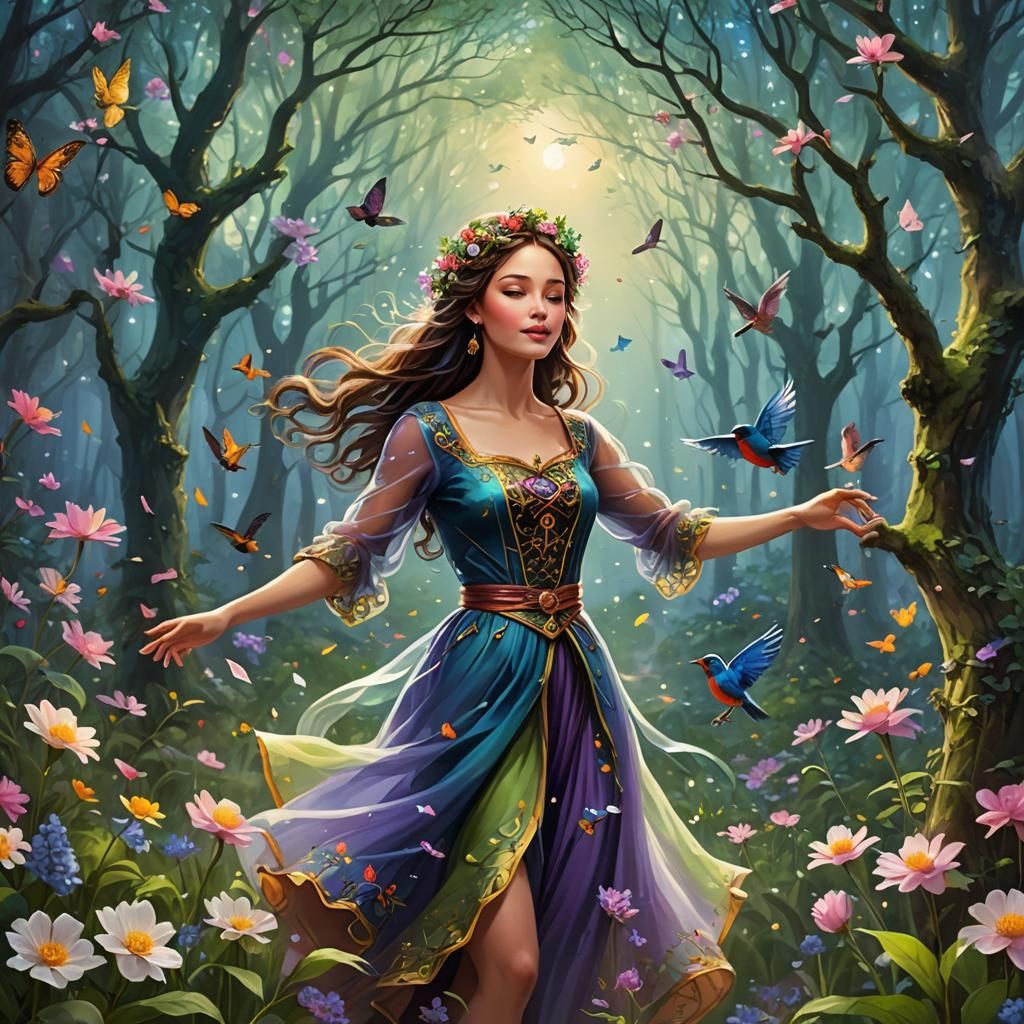 Enchanted Forest: Spring Flowers, Mystical Sky, Dancing Woma...