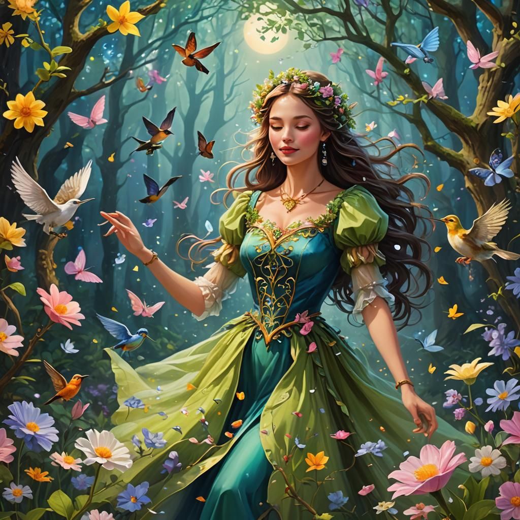 Enchanted Forest: Spring Flowers, Magic Birds, Dancing Woman