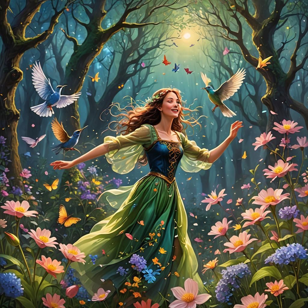 Enchanted Forest: Spring Flowers and Dancing Woman