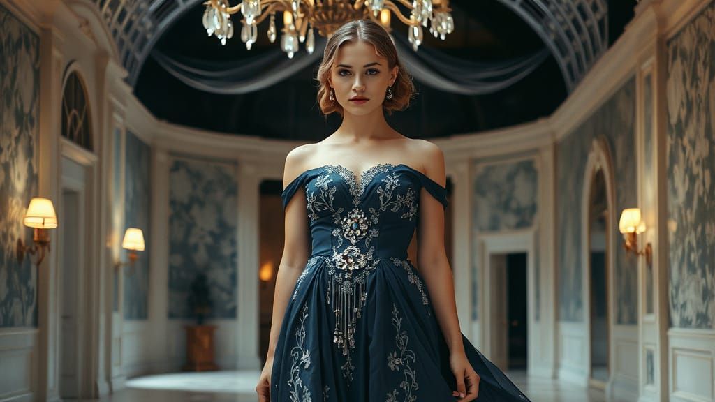 Woman in Enchanted Dress Under Starlight Chandelier