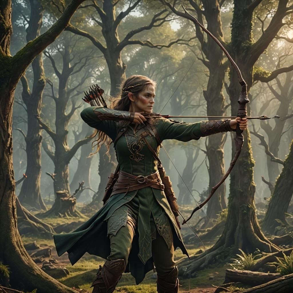 wood elf woman firing long bow. Tree in background