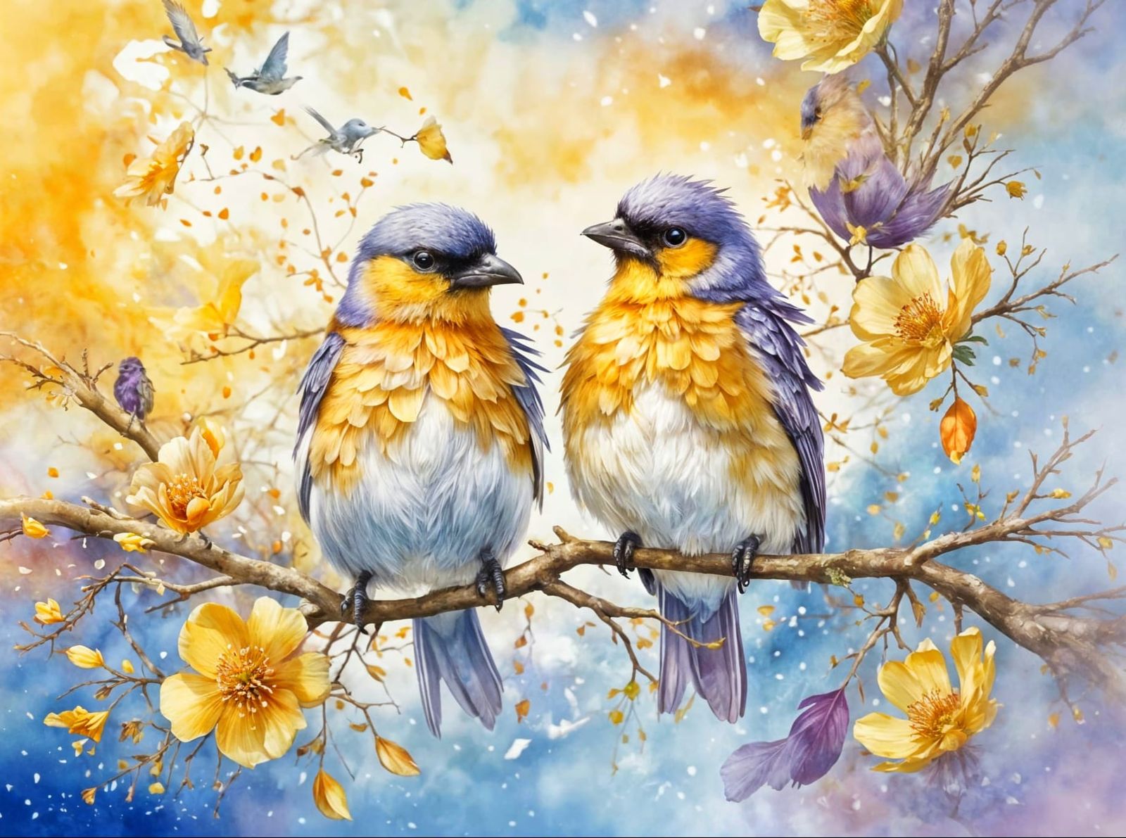 Tiny Birds in Watercolour Garden at Dawn