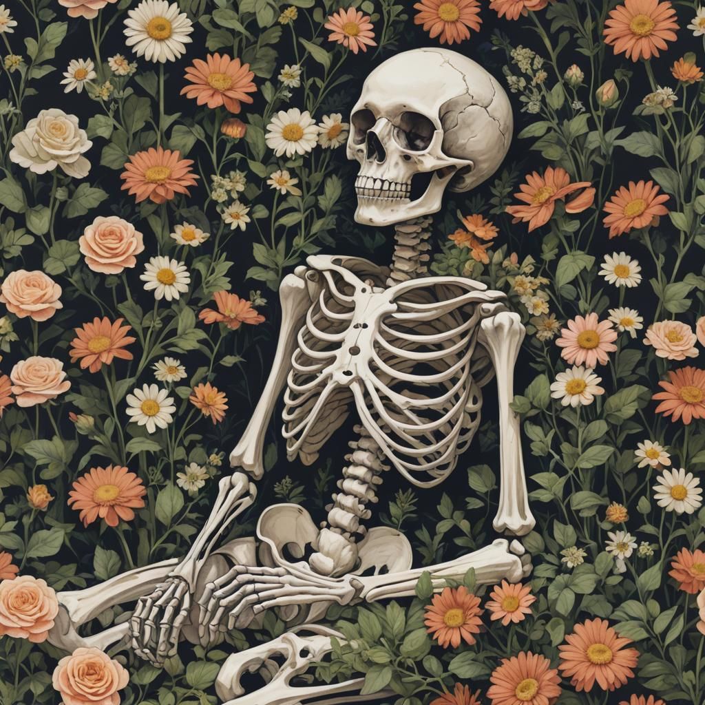 Peaceful Skeleton with Blossoming Flowers