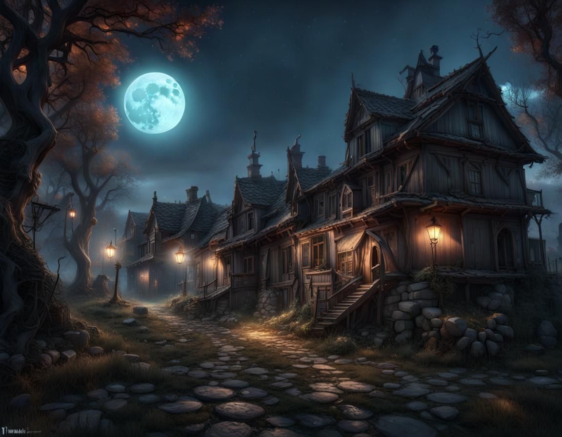 Eerie Haunted Village Under Moonlight, Digital Art
