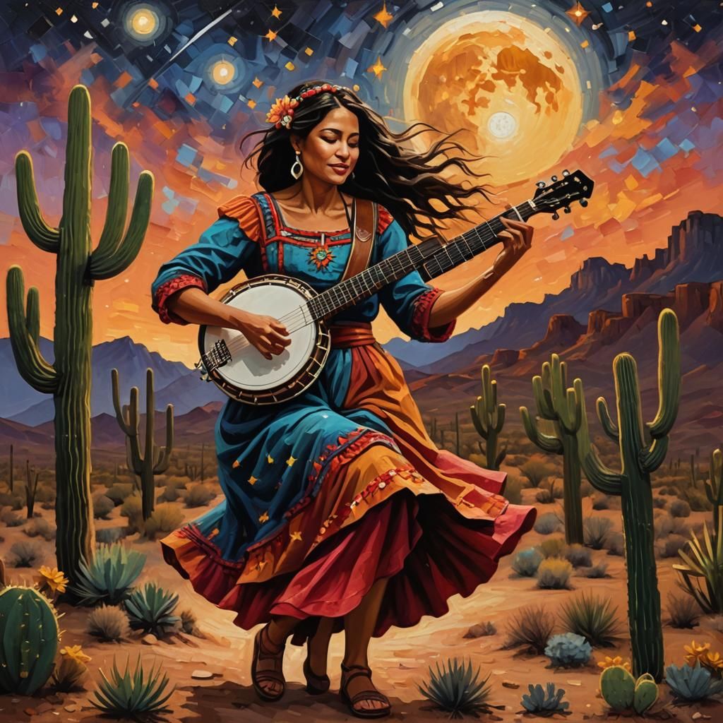 Banjo Player Dancing Under Starry Desert Sky