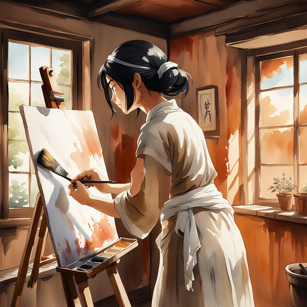 Italian Girl Painting House in Watercolor Anime Style