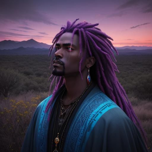 cinematic image of a Father Legba ( voodoo god) standing in a grassy savannah at sunset, with a sky of orange, pink, and...
