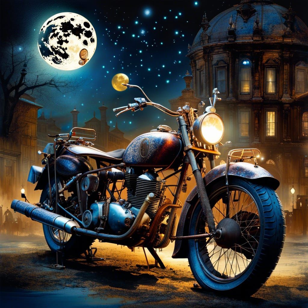 old rusty motorcycle in moonlight