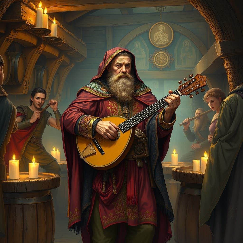 Luminous Tavern Scene with a Mysterious Bard