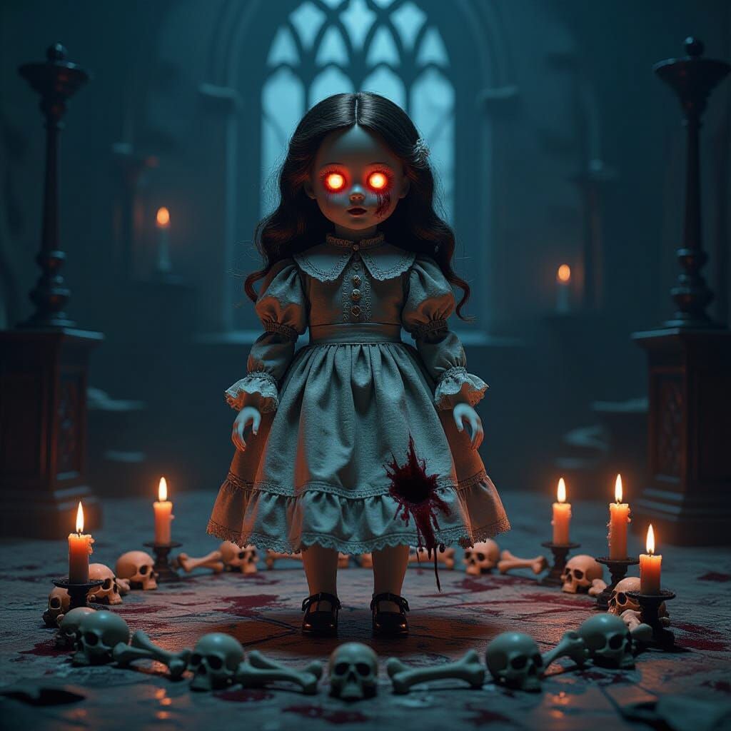 Creepy Porcelain Doll in Gothic Bone Circle