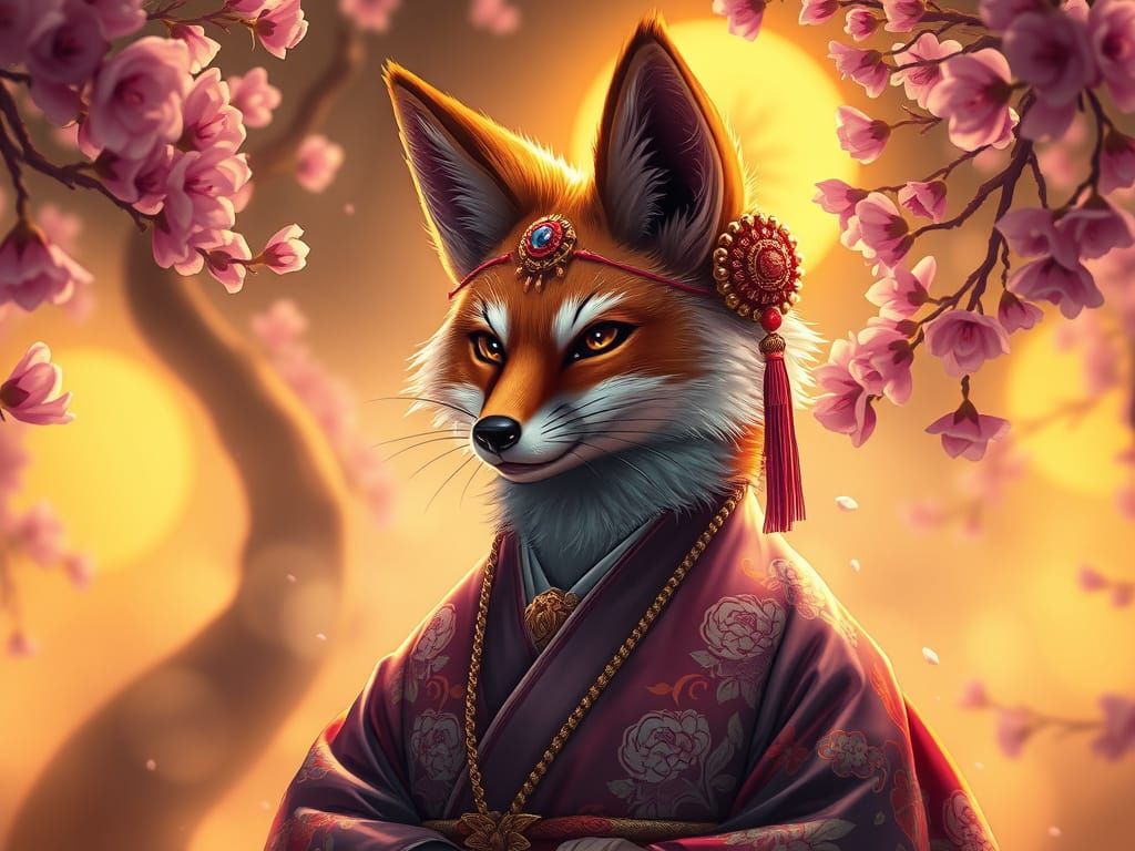 Kitsune Fox in Kimono Among Cherry Blossoms