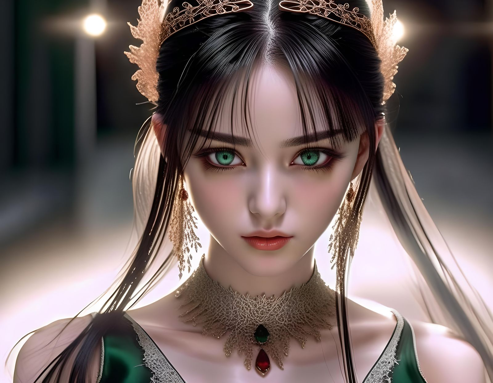 Woman with Emerald Eyes in Gold Lace Dress