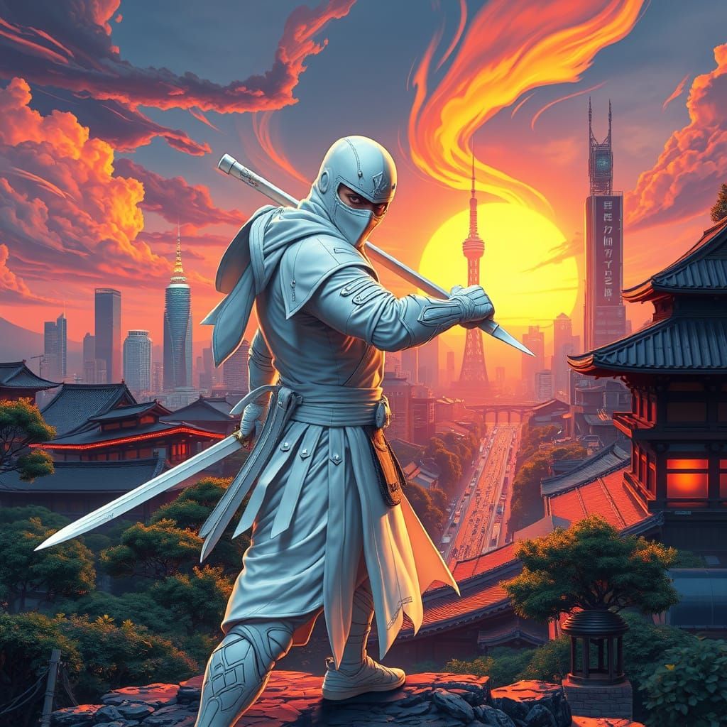 Heroic White Ninja in Cyberpunk Tokyo Cityscape