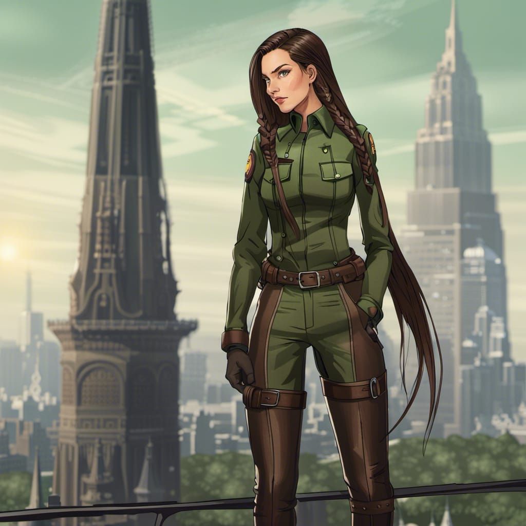 Elegant Woman in Uniform Overlooking Magical City