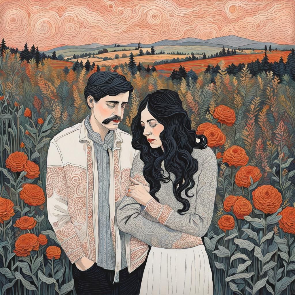 Friends Laughing at Funeral in Folk Art Style